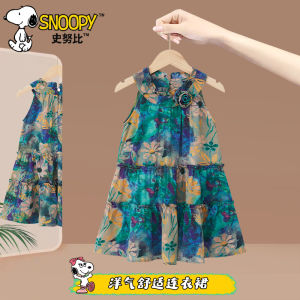 Snoopy Girls Summer Sleeveless Comfortable Loose Fashionable Retro Chinese Style Dress A-Line Skirt for Ages 1-12 Kids