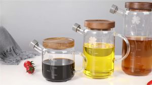 CozE Borosilicate Glass Transparent With Wooden Lid Jar With Spout Cover Air Tight Dispenser Bottle