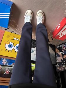 Quần Nỉ Nam Màu Xanh Đậm Phong Cách Mỹ Quần Dài Ống Đứng Quần Dài Ống Rộng Thoải Mái Thường Ngày Mùa Thu