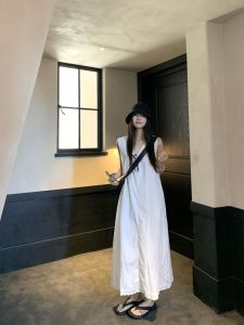 Simple White V-Neck Korean Style Vest Dress Women Summer Slimming Long Casual A-Line Skirt Comfortable Breathable Maxi Dress