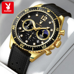 นาฬิกาเพลย์บอยสำหรับผู้ชายกันน้ำแบบดั้งเดิมสายซิลิโคนแฟชั่นลำลองโครโนกราฟเรืองแสงปฏิทินนาฬิกาผู้ชาย