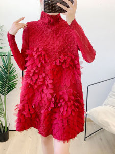 Elegant Petal Diamond Pattern Pleated Long Sleeve Dress Luxury Feel Mid-Length Princess Style Polyester Fiber All Seasons