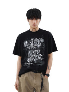 Loose Fit round Neck Short Sleeve T-Shirt Mens Vintage Versatile American Design Printed Casual round Neck Top for Teens