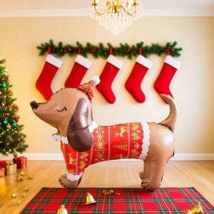 2pcs Christmas Sausage Dog Balloon with Christmas Hat Cartoon Dog Shaped Balloon for Indoor and Outdoor Christmas Decoration