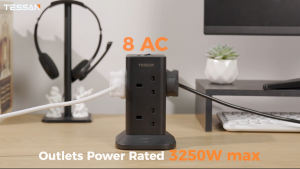 TESSAN SG - SG Safety Mark 8 Outlets Tower Socket Extension Tower with USB Type C Surge Protector Power Strip Black