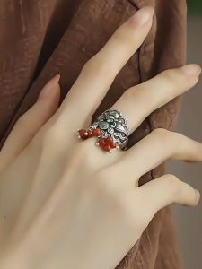 Retro 925 Silver Agate Small round Bead Bat Ring for Women New Chinese Style Minimalist Elegant Finger Ring Fashion Jewelry