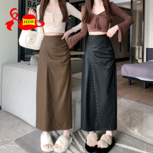 HZW กระโปรงหนังเอวสูงผู้หญิงฉบับภาษาเกาหลียาวปานกลางและยาว PU กระโปรงยาวสะโพกกระโปรงไม่มีขอบ