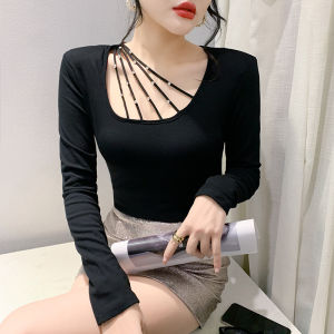 Yimei Áo thun cổ vuông quyến rũ đính hạt móng tay hợp thời trang áo dài tay thon gọn màu đen phía trên co giãn cho nữ áo thun cơ bản đẹp và sang trọng