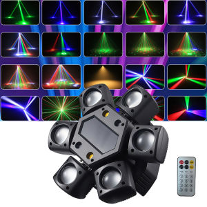 Six Arms RGBW LED Beam Moving Head Light DMX Pattern Strobe Laser Stage Lighting Remote Control Disco Halloween Xmas DJ Lights