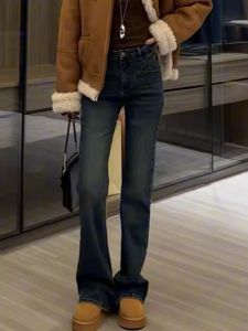 High Waist Elastic Flare Denim Pants Straight Leg Horse Hoof Pants Conceal Hip Slimming for plus Size Women Casual Style Cotton Stretch Denim Spring Season