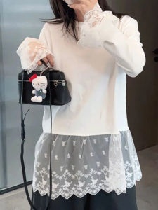 Áo Thun Cotton Dài Tay Mùa Xuân 2025 Mới Về Áo Thun Nữ Dáng Rộng Dài Vừa Phải Tay Dài Ren Ghép Nối Hai Mảnh