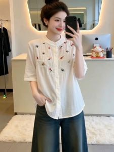AIYITI | Vintage Embroidery White Short Sleeve Shirt for Plus Size Women