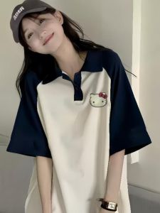 Áo Thun Polo Kitty Cat Tay Ngắn Dáng Rộng Mùa Hè Cho Nữ Áo Thun Cotton Cổ Polo Dài Vừa Phải Họa Tiết Hoa