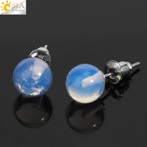 CSJA 8mm Natural Stone Stud Earrings Crystal Quartz Round Ball Beads Silver Color Simple Fashion Ear Jewelry for Women Girl G199