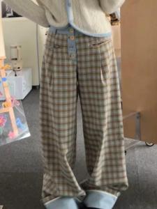 Loose Wide Leg Pants Womens Casual Stroll Trousers Plaid Pattern Original Retro Blue Mood Moka Spring 2025 Casual Pants