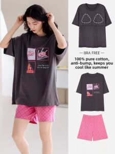 Miiow | Pure Cotton Summer Thin Short Sleeve Sleepwear Womens Set With Chest Pad Home Clothes Can Be Worn Outside Short Pants