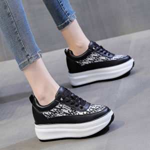 Trendy Thick Bottom Womens Shoes 8cm Heightening Spring Autumn Black Casual Sports Dad Shoes round Toe Slip-On Fashionable