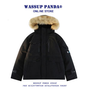 Wassup Panda Mens Parka Coat Winter Thickened Warm Cotton down Jacket Quilted Fabric Hooded Loose Fit Solid Color Outerwear