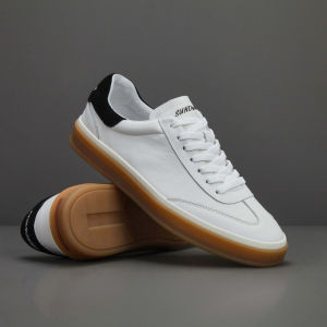 Comfortable Mens Retro Leather Sneakers Sporty Flat Bottom Casual Board Shoes Durable Rubber Outsole round Toe Rubber Sole