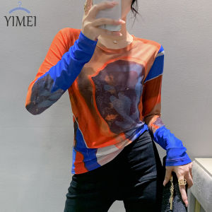 Yimei Áo Thun Nữ Dài Tay Lưới Quần Áo Chống Nắng in áo thời trang cổ tròn dài tay mới mùa thu 2023 cho nữ thời trang