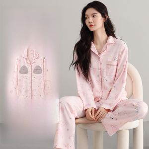 MiiOW | Bộ đồ ngủ dài tay bằng cotton nguyên chất Catman dành cho nữ có đệm ngực Bộ đồ mặc nhà dễ thương hoạt hình mùa thu đông có thể mặc ngoài trời