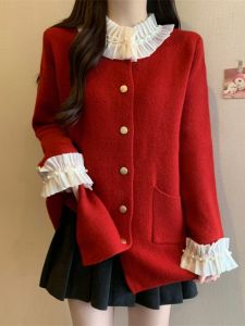 เสื้อสเวตเตอร์ถักสีแดงสวยๆ สำหรับผู้หญิง ฤดูใบไม้ผลิและฤดูใบไม้ร่วง ไซส์ใหญ่ เสื้อคาร์ดิแกนถักแบบเปิดยาวปานกลาง เสื้อผ้าทำงานสไตล์เกาหลี