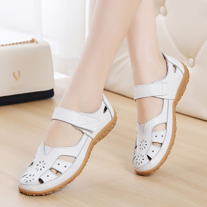 Comfortable Genuine Leather Slippers for Women Casual Floral Design Soft Sole Breathable Hollow Out Sandals with Non-Slip Feature