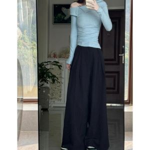 Extended Length Casual Pants Womens High Waist Wide Leg Trousers Pleated Design Korean Style Commute Straight Tube Pants