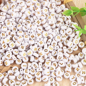 100pcs 7x4mm Golden Letters Beads White Round Acrylic Beads Loose Beads For Jewelry Making DIY Bracelet Necklace Accessories