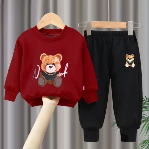 Boys Girls Autumn Sets New Children Bear Printed Cartoon Cute Suits Kids Round Neck Spring Loose Sweatshirt+Pants 2Pcs Outfits