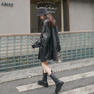 Black Leather Biker Jacket Womens Spring Autumn Medium Length Stylish Retro Street Fashion Small Size Cool Motorcycle Clothes