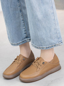 Leather Slip-On Womens Shoes Comfortable Flat Bottom Breathable Large Size Spring Fashion Single Shoes round Toe Casual Style