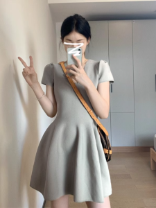 Summer 2025 plus Size French Gentle V-neck Womens Princess Skirt Waist-cinching A-line Dress Korean Style Short Sleeve