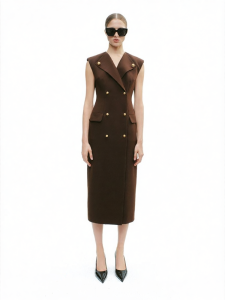 Original Design Gold Button Vest Dress Extra Long