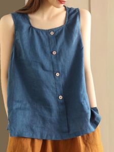 Artistic Cotton Linen Sleeveless Vest Loose Fit Button up Summer Top Womens Fashion Sun Protection Clothing