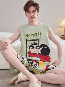 Pure Cotton Summer Sleepwear Boys Thin Short Sleeve Cartoon Home Clothes Set for Teenagers And Students Comfortable Home Suit