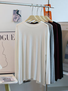 เสื้อยืดคอตตอนโมดอลทรงหลวมสบาย ๆ สำหรับผู้หญิง ฤดูใบไม้ผลิและฤดูใบไม้ร่วง ทรงหลวม แขนยาว สีพื้น ไซส์ใหญ่ เสื้อชั้นใน