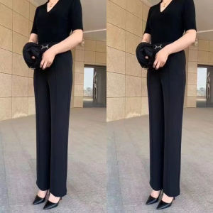 Summer Thin Ice Silk Straight Leg Pants High Waist Elastic Waist Casual Loose Fit Mom Jeans Long Trousers Outerwear for Women