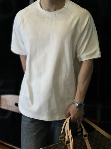 Loose Heavyweight Mens Short Sleeve T-shirt Pure Color Basic Design Spring Summer Casual Top Youth Popular round Neck Cotton Blend