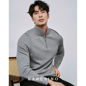 Karesino Mens Knitted Long Sleeve Crew Neck Sweater Slim Fit Business Casual Autumn Winter Half Zipper Hoodie Fashionable Plain Color