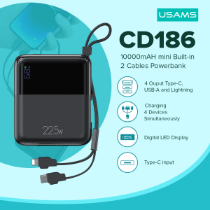 USAMS CD186 10000mAh Powerbank PD20W Fast Charging Power Bank 2 Built-in Cables 22.5w portable PowerBank Universal For iPhone Huawei Oppo Vivo Realme HONOR Redmi Android Phone