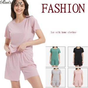 Ruizhijzg Ready stock 1 set Plus size Womens Pajamas Ice silk Short Sleeve Shorts Summer and autumn Thin Home Sleep Wear Clothes Plus Size Ladies T shirt Top Shorts Capri Plain Baju Tidur Wanita