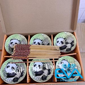 Bộ 6 Chén Sứ Hoạ Tiết Gấu Trúc Panda Phong Cách Nhật Tặng Kèm 6 Đôi Đũa Tre Cao Cấp