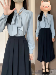 Blue Sash Shirt Womens Spring Autumn Professional Formal Commute Teacher Outfit Public Servant College Student Set Dress