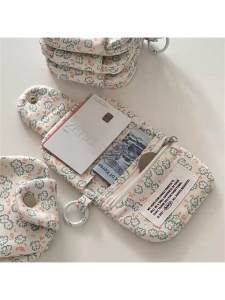 Cute Flower Multi-Layer Card Holder Small Fresh Style Canvas Wallet Button Closure Hanging Soft Body Bag for Women Compact Size