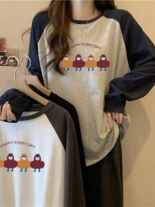 Áo Thun Nữ Tay Dài Dáng Rộng Mùa Thu Đông Mới Về Áo Chui Đầu Cổ Tròn Không Tay Màu Khối Lượng Màu Tương Phản