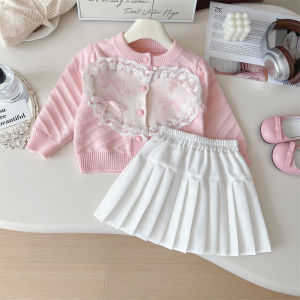 New Autumn Spring Girls Set Knit Sweater Cardigan & Pleated Skirt
