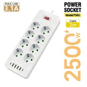 2500W Stop Kontak USB Kabel Serbaguna Multiguna Panjang 2 Meter Original Power Socket Sakelar Independen dengan Power Socket 4 Port USB 10 Port Stop Kontak 2* Type-C Port