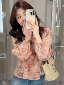 YUFUQING | Heavy Embroidery Long Sleeve Shirt Women Summer New French Vintage Design Waist Cinching Slimming V-neck Top Floral Print Blouse