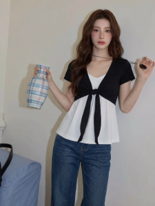 YUEZHONGWEI | Dopamine Spring Outfit V-Neck Short Sleeve Cardigan Layered Top Two Piece Set